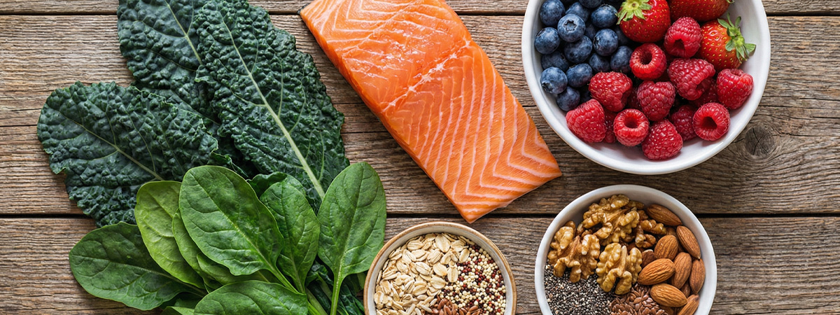An image of heart healthy foods including salmon, leafy greens, nuts, and berries