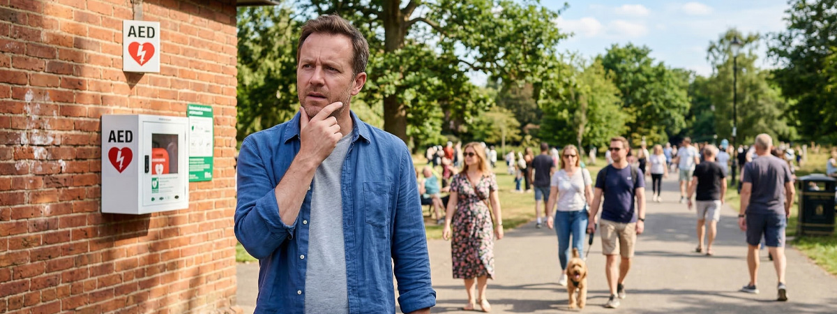 A man standing in a park with a contemplative expression. Behind him is a brick building with an AED unit on the wall. People are milling about in the distance.